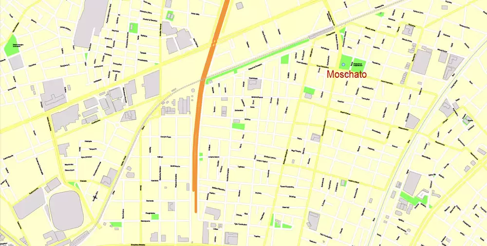 Printable Vector Map Athens + Pireas, Greece, exact City Plan with Buildings, street G-View Level 17 (100 meters scale) map English, fully editable, Adobe Illustrator
