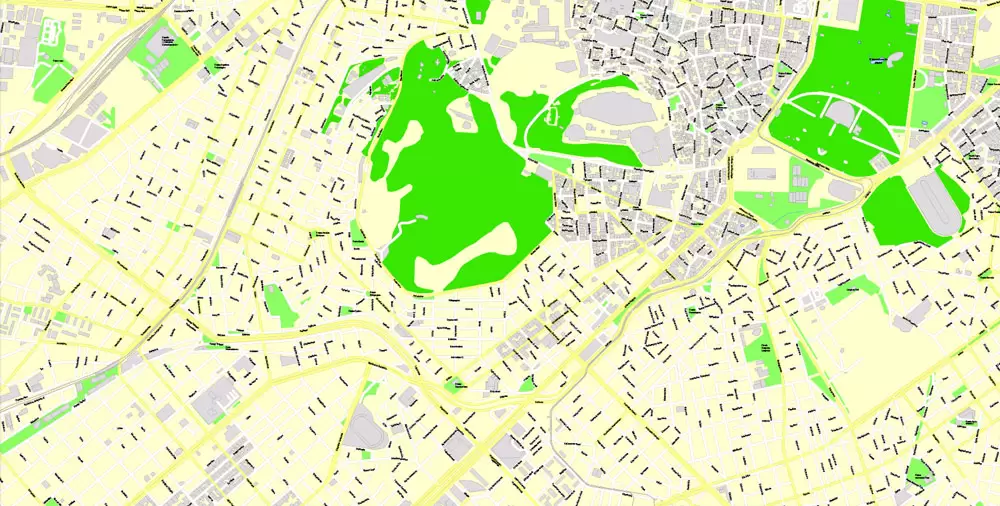 Printable Vector Map Athens + Pireas, Greece, exact City Plan with Buildings, street G-View Level 17 (100 meters scale) map English, fully editable, Adobe Illustrator