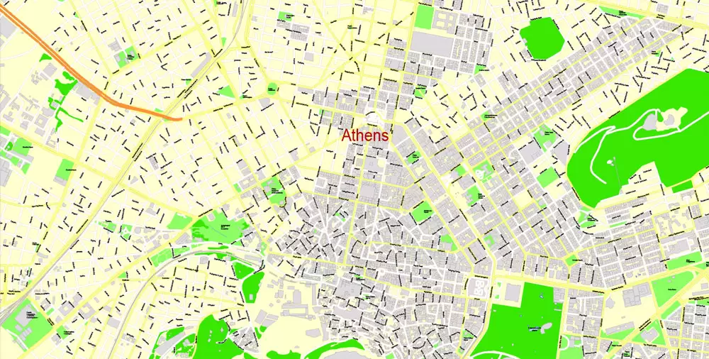 Printable Vector Map Athens + Pireas, Greece, exact City Plan with Buildings, street G-View Level 17 (100 meters scale) map English, fully editable, Adobe Illustrator