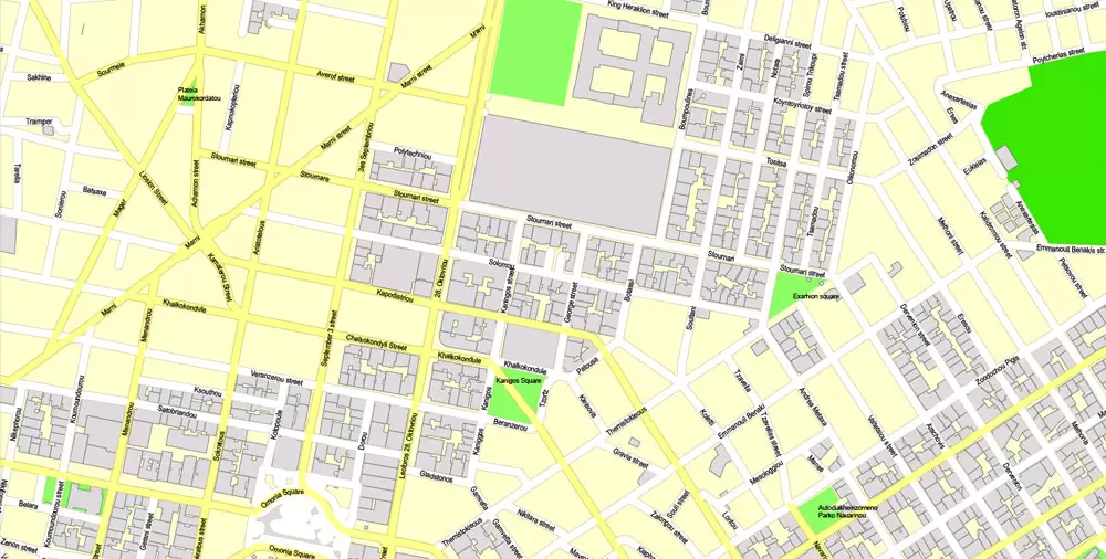 Printable Vector Map Athens + Pireas, Greece, exact City Plan with Buildings, street G-View Level 17 (100 meters scale) map English, fully editable, Adobe Illustrator