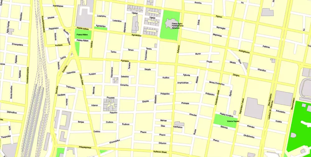 Printable Vector Map Athens + Pireas, Greece, exact City Plan with Buildings, street G-View Level 17 (100 meters scale) map English, fully editable, Adobe Illustrator