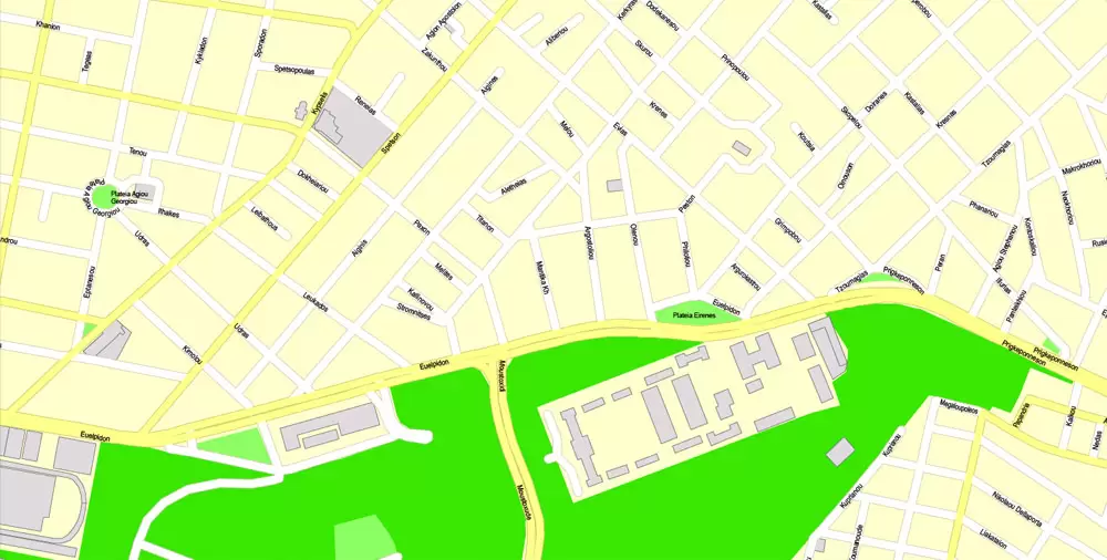Printable Vector Map Athens + Pireas, Greece, exact City Plan with Buildings, street G-View Level 17 (100 meters scale) map English, fully editable, Adobe Illustrator