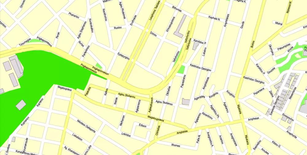 Printable Vector Map Athens + Pireas, Greece, exact City Plan with Buildings, street G-View Level 17 (100 meters scale) map English, fully editable, Adobe Illustrator