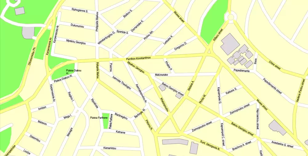 Printable Vector Map Athens + Pireas, Greece, exact City Plan with Buildings, street G-View Level 17 (100 meters scale) map English, fully editable, Adobe Illustrator