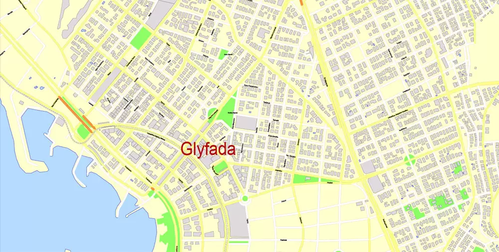 Printable Vector Map Athens + Pireas, Greece, exact City Plan with Buildings, street G-View Level 17 (100 meters scale) map English, fully editable, Adobe Illustrator