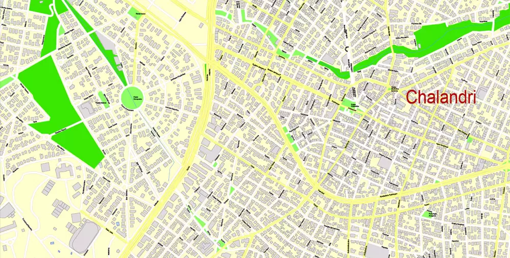 Printable Vector Map Athens + Pireas, Greece, exact City Plan with Buildings, street G-View Level 17 (100 meters scale) map English, fully editable, Adobe Illustrator