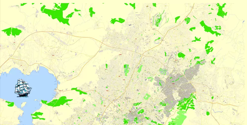 Printable Vector Map Athens + Pireas, Greece, exact City Plan with Buildings, street G-View Level 17 (100 meters scale) map English, fully editable, Adobe Illustrator