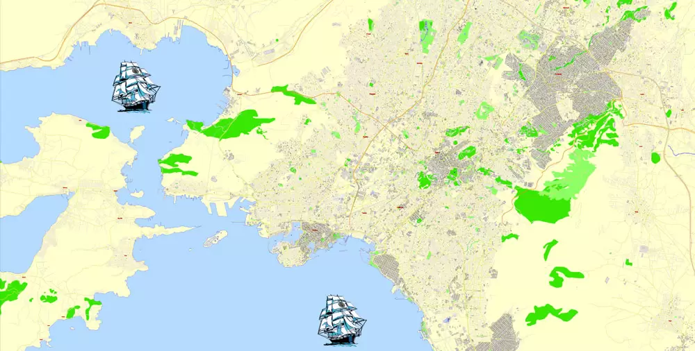 Printable Vector Map Athens + Pireas, Greece, exact City Plan with Buildings, street G-View Level 17 (100 meters scale) map English, fully editable, Adobe Illustrator