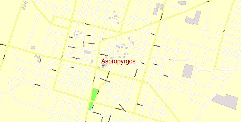 Printable Vector Map Athens + Pireas, Greece, exact City Plan with Buildings, street G-View Level 17 (100 meters scale) map English, fully editable, Adobe Illustrator