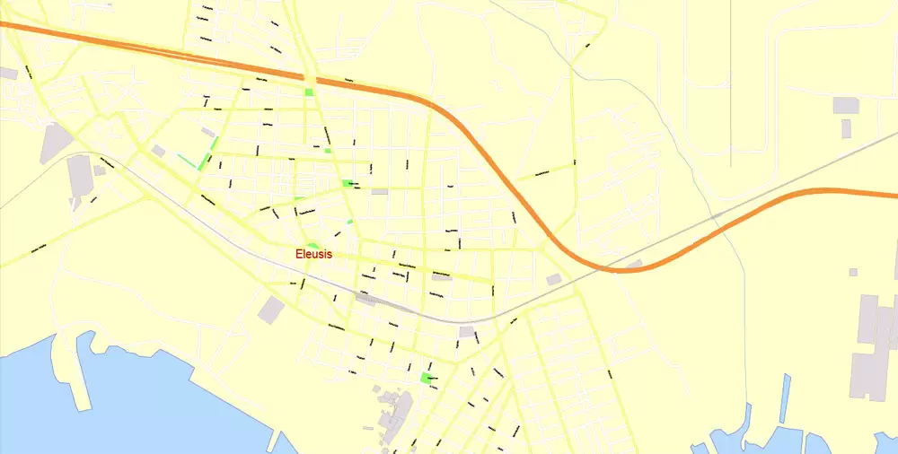 Printable Vector Map Athens + Pireas, Greece, exact City Plan with Buildings, street G-View Level 17 (100 meters scale) map English, fully editable, Adobe Illustrator