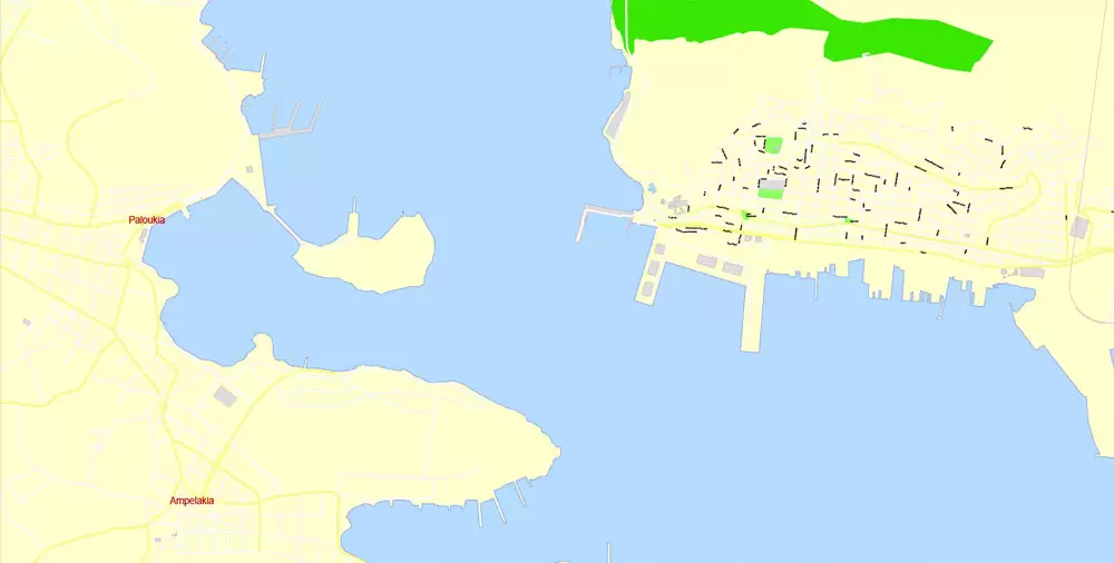 Printable Vector Map Athens + Pireas, Greece, exact City Plan with Buildings, street G-View Level 17 (100 meters scale) map English, fully editable, Adobe Illustrator