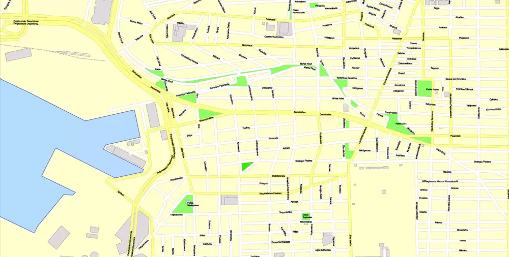 Printable Vector Map Athens + Pireas, Greece, exact City Plan with Buildings, street G-View Level 17 (100 meters scale) map English, fully editable, Adobe Illustrator