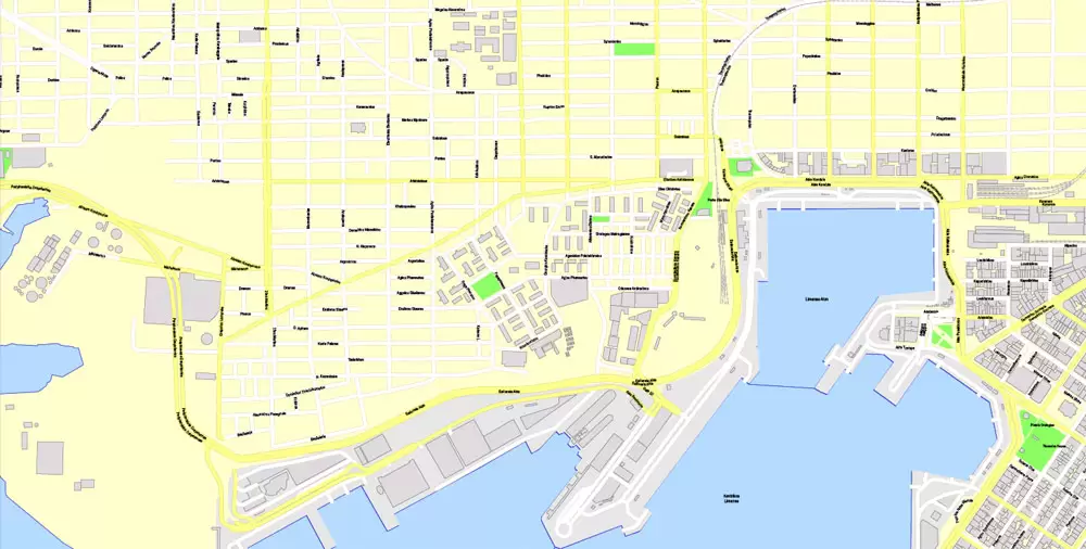 Printable Vector Map Athens + Pireas, Greece, exact City Plan with Buildings, street G-View Level 17 (100 meters scale) map English, fully editable, Adobe Illustrator