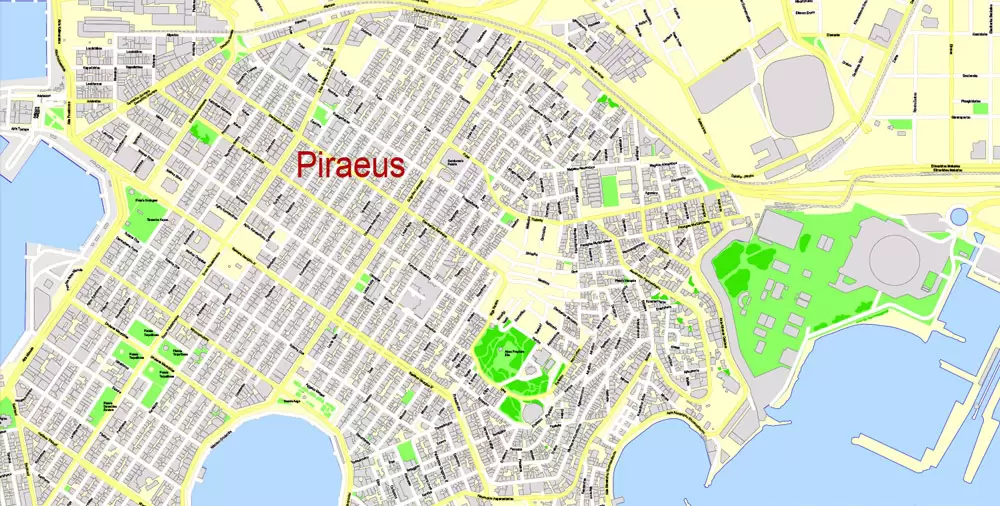 Printable Vector Map Athens + Pireas, Greece, exact City Plan with Buildings, street G-View Level 17 (100 meters scale) map English, fully editable, Adobe Illustrator