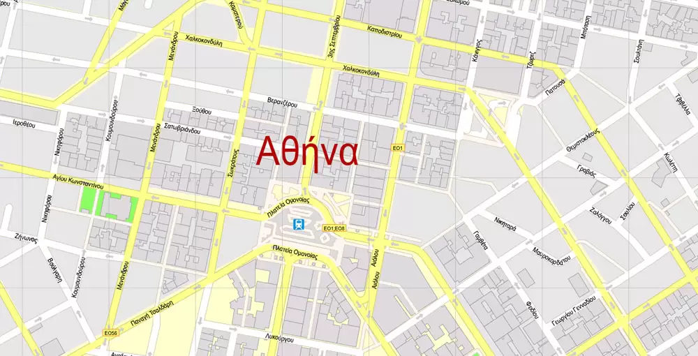 Printable Vector Map Athens + Pireas, Greece, exact City Plan with Buildings, street G-View Level 17 (100 meters scale) map Greek, fully editable, Adobe Illustrator
