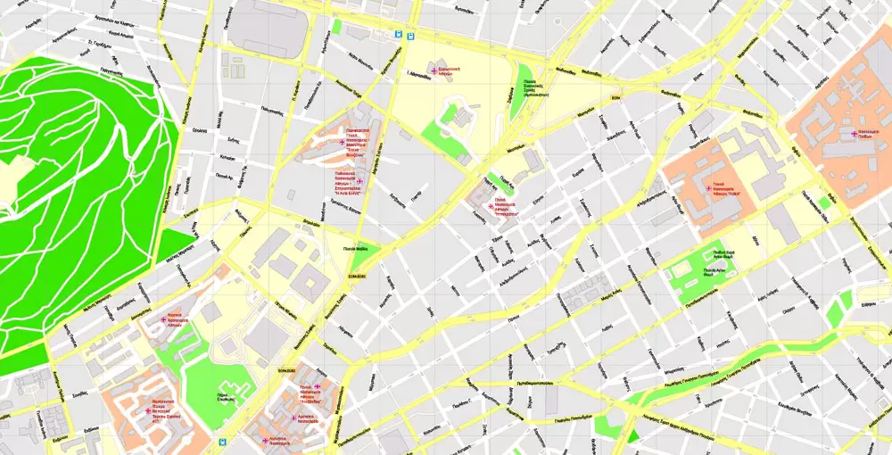 Printable Vector Map Athens + Pireas, Greece, exact City Plan with Buildings, street G-View Level 17 (100 meters scale) map Greek, fully editable, Adobe Illustrator