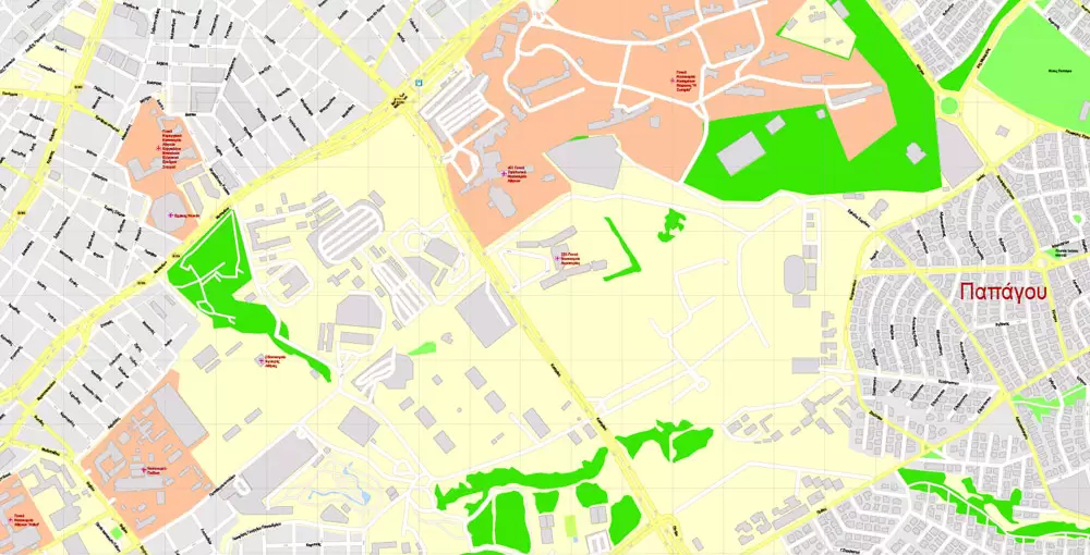 Printable Vector Map Athens + Pireas, Greece, exact City Plan with Buildings, street G-View Level 17 (100 meters scale) map Greek, fully editable, Adobe Illustrator