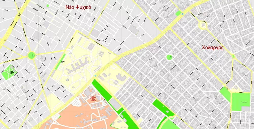 Printable Vector Map Athens + Pireas, Greece, exact City Plan with Buildings, street G-View Level 17 (100 meters scale) map Greek, fully editable, Adobe Illustrator