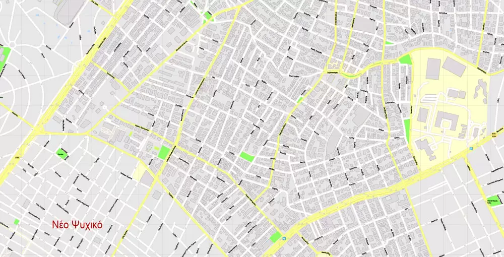 Printable Vector Map Athens + Pireas, Greece, exact City Plan with Buildings, street G-View Level 17 (100 meters scale) map Greek, fully editable, Adobe Illustrator