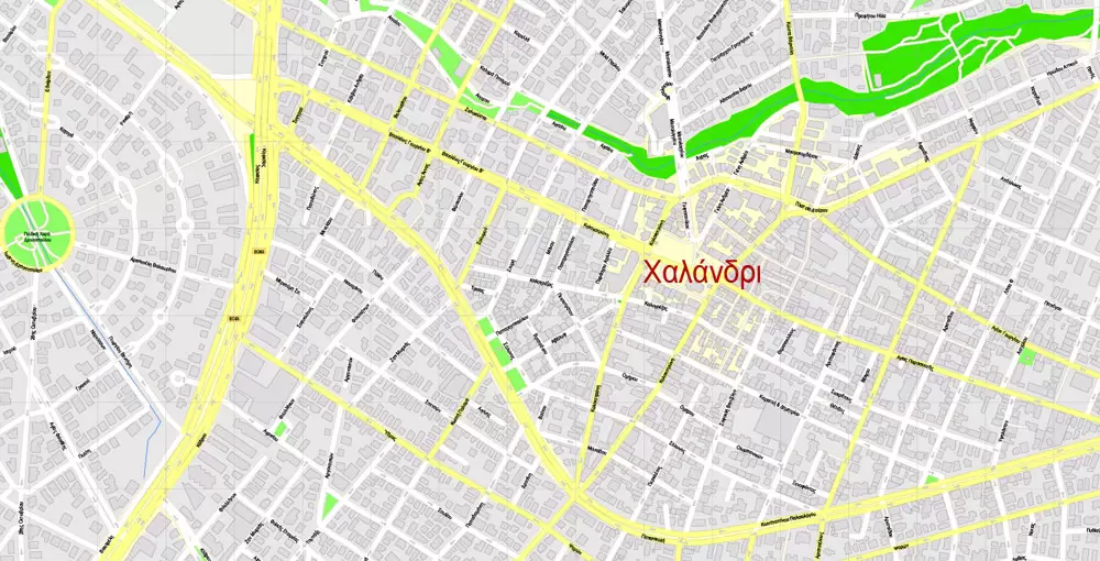 Printable Vector Map Athens + Pireas, Greece, exact City Plan with Buildings, street G-View Level 17 (100 meters scale) map Greek, fully editable, Adobe Illustrator