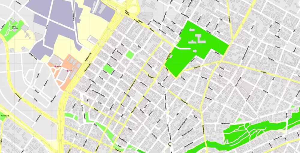 Printable Vector Map Athens + Pireas, Greece, exact City Plan with Buildings, street G-View Level 17 (100 meters scale) map Greek, fully editable, Adobe Illustrator