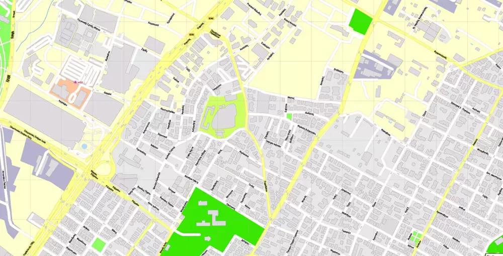 Printable Vector Map Athens + Pireas, Greece, exact City Plan with Buildings, street G-View Level 17 (100 meters scale) map Greek, fully editable, Adobe Illustrator