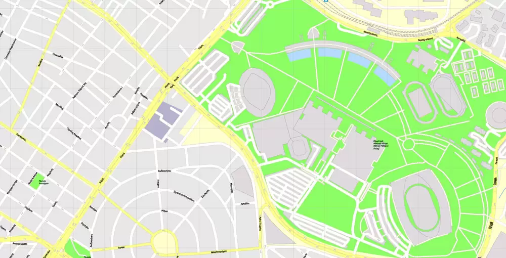 Printable Vector Map Athens + Pireas, Greece, exact City Plan with Buildings, street G-View Level 17 (100 meters scale) map Greek, fully editable, Adobe Illustrator