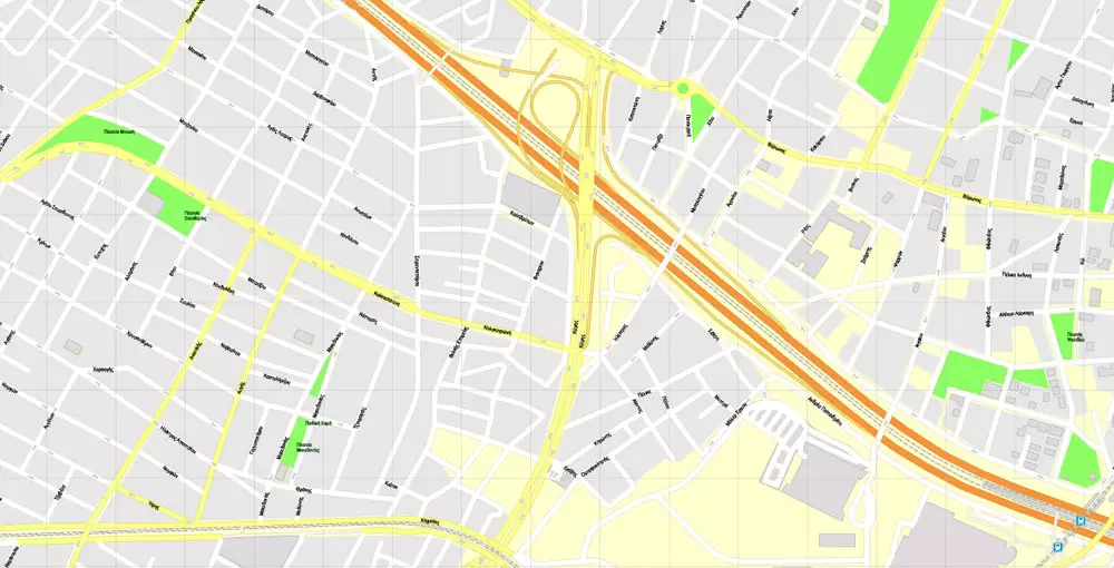 Printable Vector Map Athens + Pireas, Greece, exact City Plan with Buildings, street G-View Level 17 (100 meters scale) map Greek, fully editable, Adobe Illustrator
