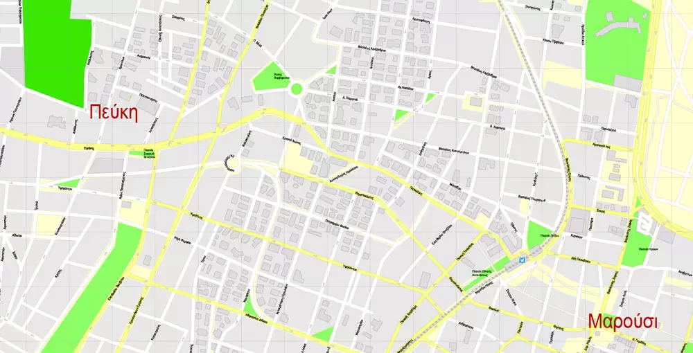 Printable Vector Map Athens + Pireas, Greece, exact City Plan with Buildings, street G-View Level 17 (100 meters scale) map Greek, fully editable, Adobe Illustrator