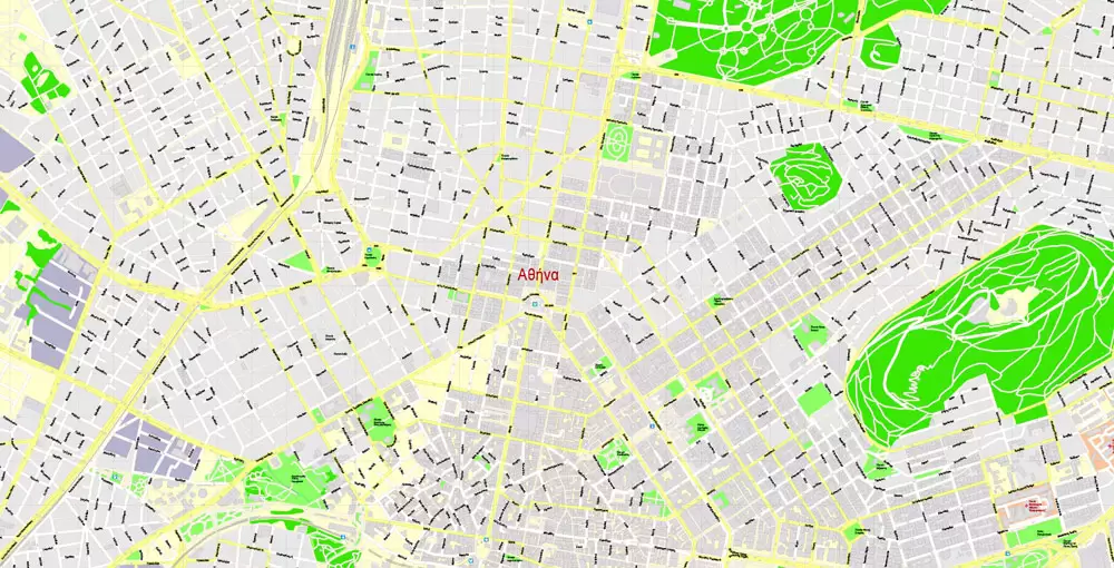 Printable Vector Map Athens + Pireas, Greece, exact City Plan with Buildings, street G-View Level 17 (100 meters scale) map Greek, fully editable, Adobe Illustrator