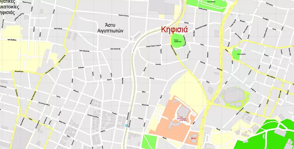 Printable Vector Map Athens + Pireas, Greece, exact City Plan with Buildings, street G-View Level 17 (100 meters scale) map Greek, fully editable, Adobe Illustrator
