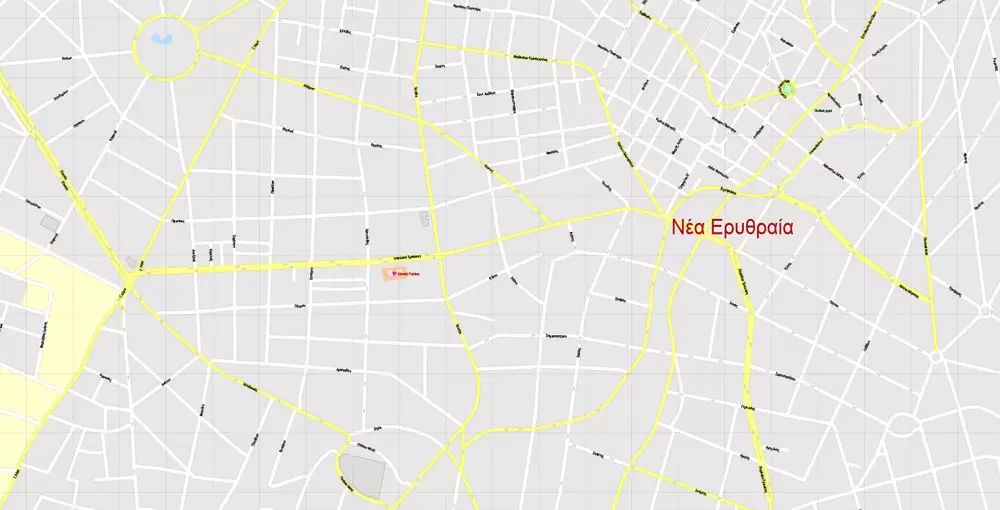 Printable Vector Map Athens + Pireas, Greece, exact City Plan with Buildings, street G-View Level 17 (100 meters scale) map Greek, fully editable, Adobe Illustrator