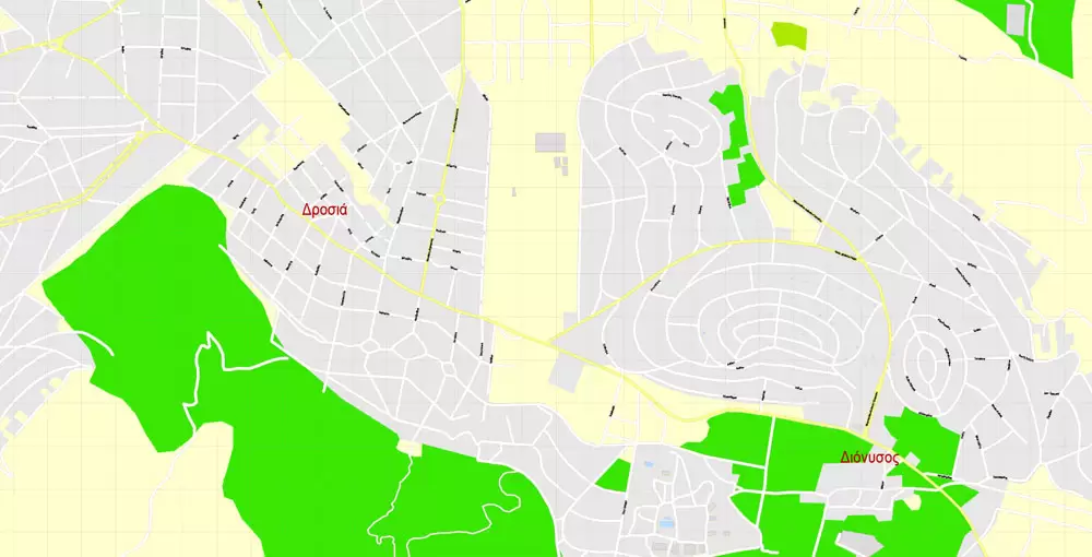 Printable Vector Map Athens + Pireas, Greece, exact City Plan with Buildings, street G-View Level 17 (100 meters scale) map Greek, fully editable, Adobe Illustrator