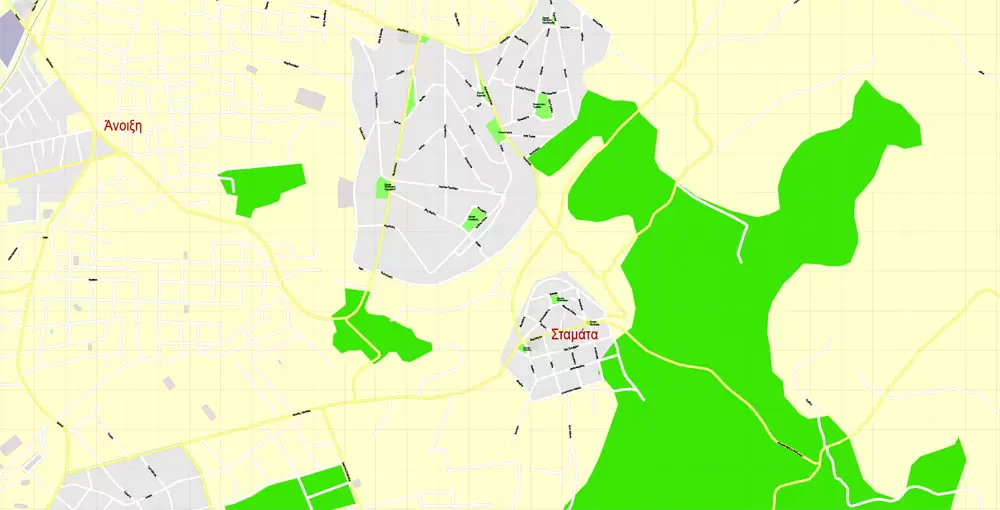 Printable Vector Map Athens + Pireas, Greece, exact City Plan with Buildings, street G-View Level 17 (100 meters scale) map Greek, fully editable, Adobe Illustrator