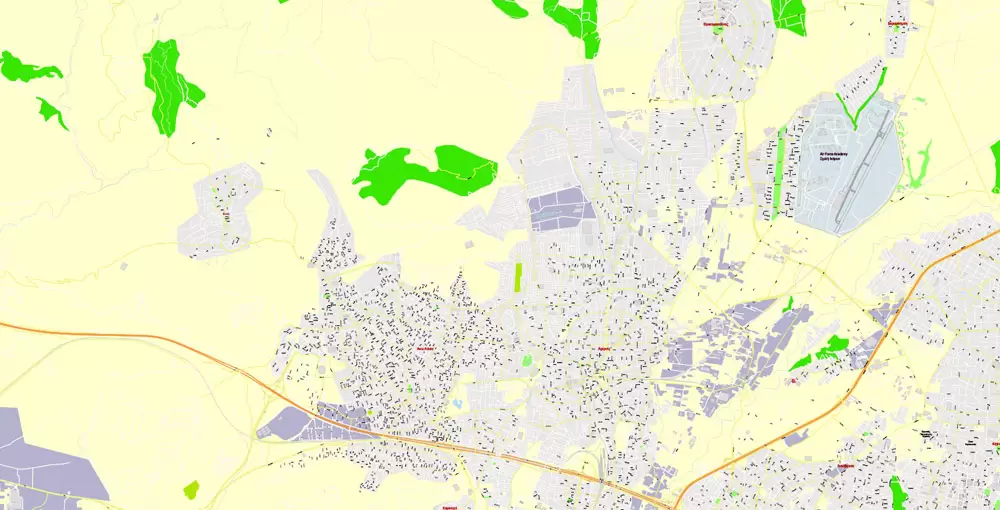 Printable Vector Map Athens + Pireas, Greece, exact City Plan with Buildings, street G-View Level 17 (100 meters scale) map Greek, fully editable, Adobe Illustrator