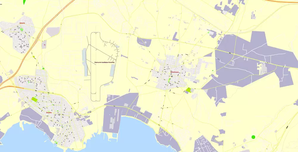 Printable Vector Map Athens + Pireas, Greece, exact City Plan with Buildings, street G-View Level 17 (100 meters scale) map Greek, fully editable, Adobe Illustrator