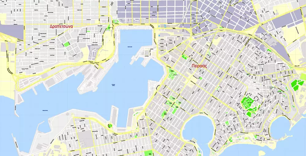 Printable Vector Map Athens + Pireas, Greece, exact City Plan with Buildings, street G-View Level 17 (100 meters scale) map Greek, fully editable, Adobe Illustrator