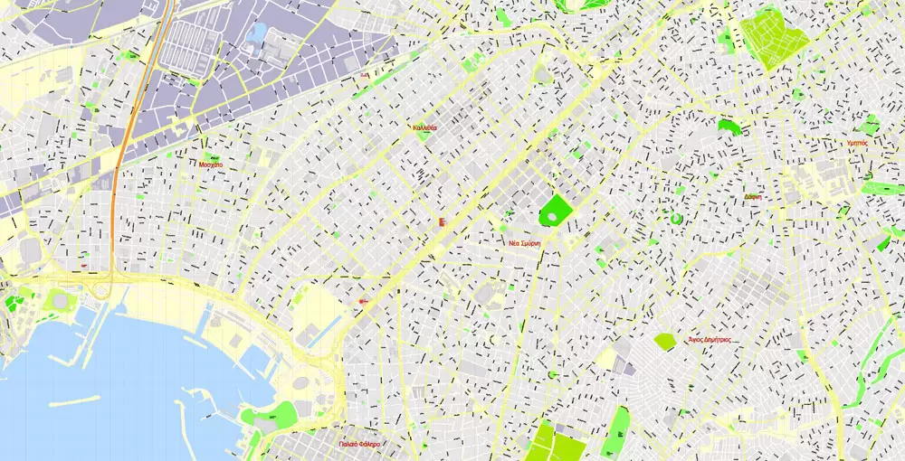 Printable Vector Map Athens + Pireas, Greece, exact City Plan with Buildings, street G-View Level 17 (100 meters scale) map Greek, fully editable, Adobe Illustrator