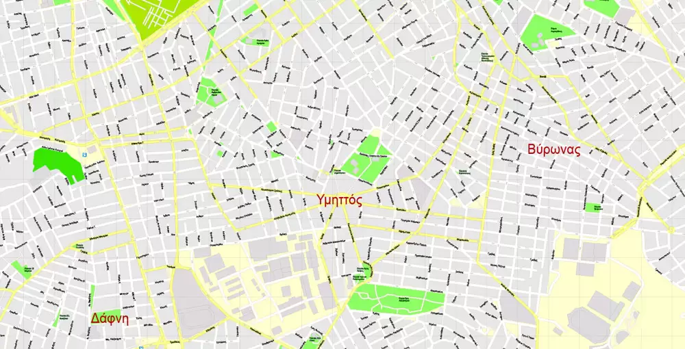 Printable Vector Map Athens + Pireas, Greece, exact City Plan with Buildings, street G-View Level 17 (100 meters scale) map Greek, fully editable, Adobe Illustrator