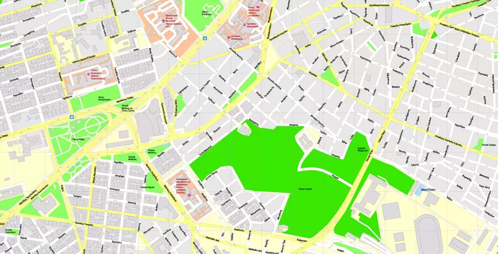 Printable Vector Map Athens + Pireas, Greece, exact City Plan with Buildings, street G-View Level 17 (100 meters scale) map Greek, fully editable, Adobe Illustrator