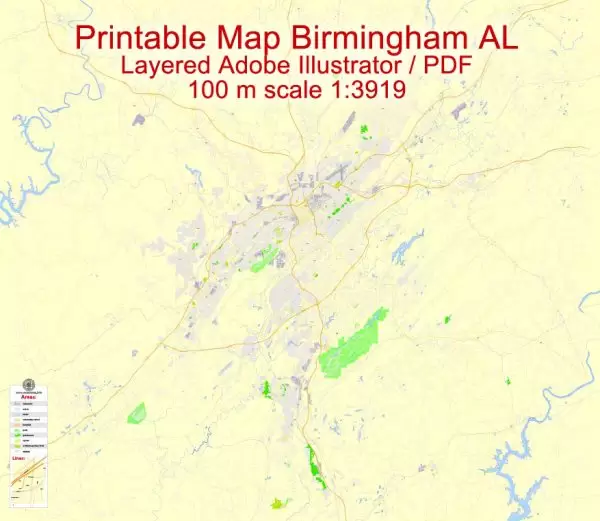 Printable Map Birmingham, Alabama, US, exact vector Map street G-View City Plan Level 17 (100 meters scale), full editable, Adobe Illustrator