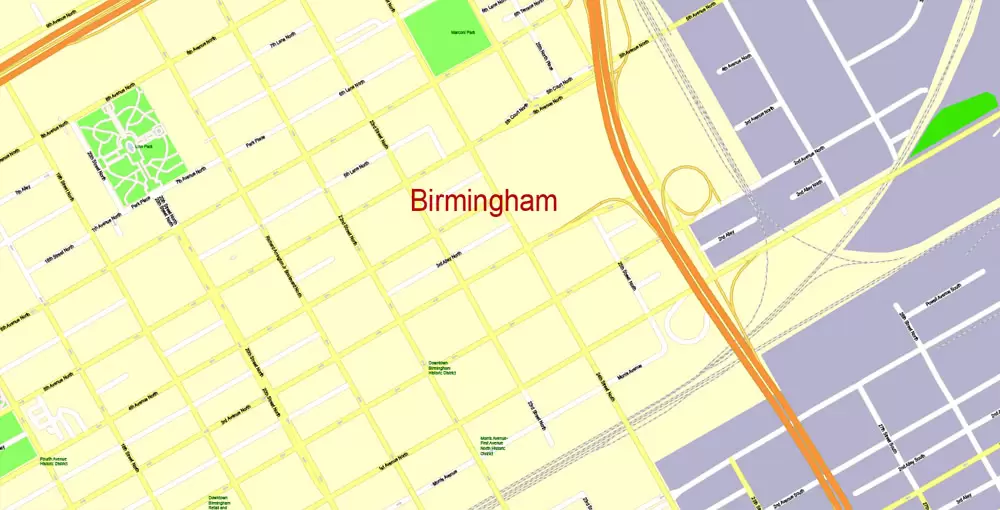 Printable Map Birmingham, Alabama, US, exact vector Map street G-View City Plan Level 17 (100 meters scale), full editable, Adobe Illustrator