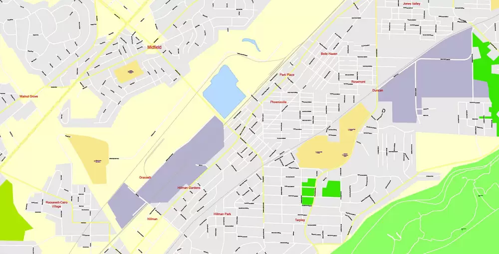 Printable Map Birmingham, Alabama, US, exact vector Map street G-View City Plan Level 17 (100 meters scale), full editable, Adobe Illustrator