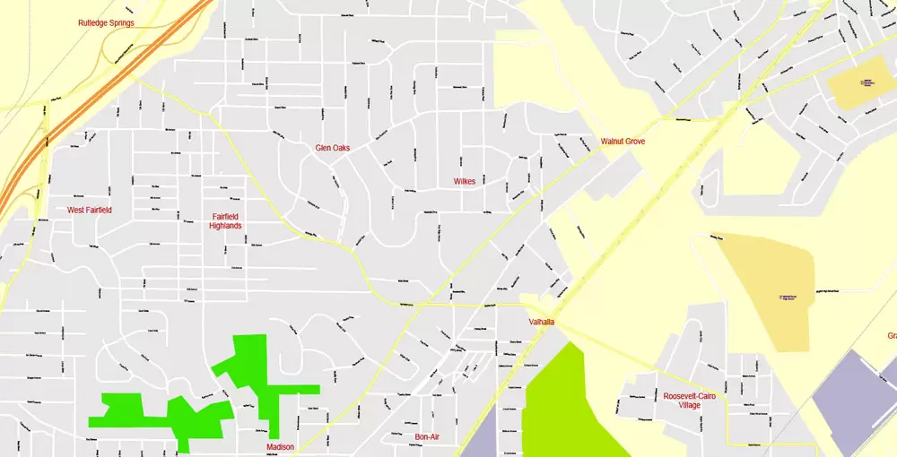 Printable Map Birmingham, Alabama, US, exact vector Map street G-View City Plan Level 17 (100 meters scale), full editable, Adobe Illustrator