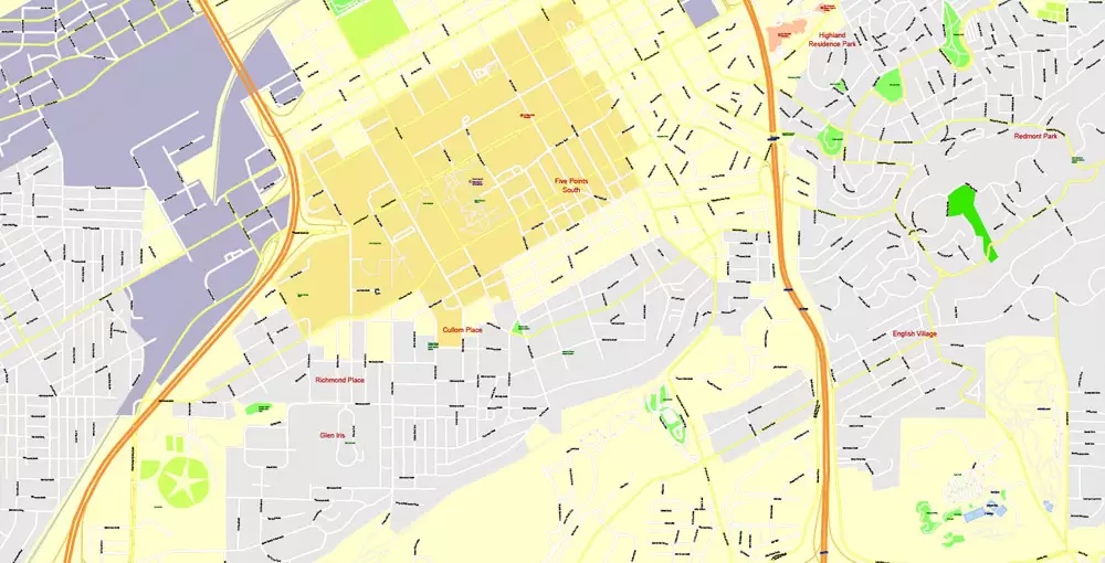 Printable Map Birmingham, Alabama, US, exact vector Map street G-View City Plan Level 17 (100 meters scale), full editable, Adobe Illustrator
