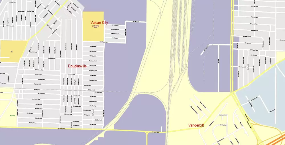 Printable Map Birmingham, Alabama, US, exact vector Map street G-View City Plan Level 17 (100 meters scale), full editable, Adobe Illustrator