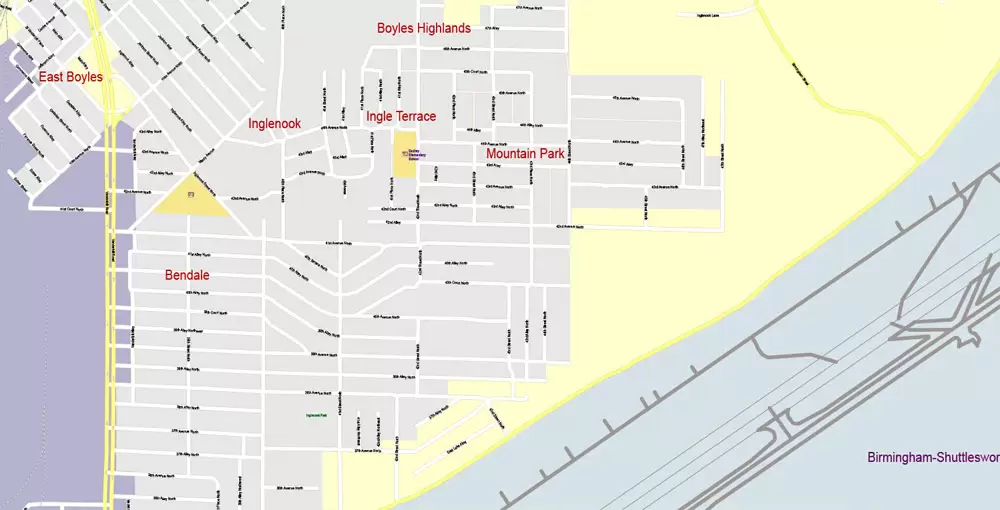 Printable Map Birmingham, Alabama, US, exact vector Map street G-View City Plan Level 17 (100 meters scale), full editable, Adobe Illustrator
