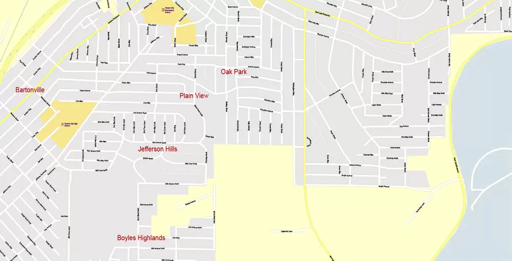 Printable Map Birmingham, Alabama, US, exact vector Map street G-View City Plan Level 17 (100 meters scale), full editable, Adobe Illustrator