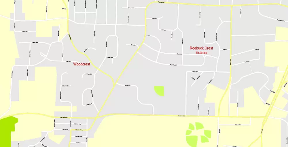 Printable Map Birmingham, Alabama, US, exact vector Map street G-View City Plan Level 17 (100 meters scale), full editable, Adobe Illustrator