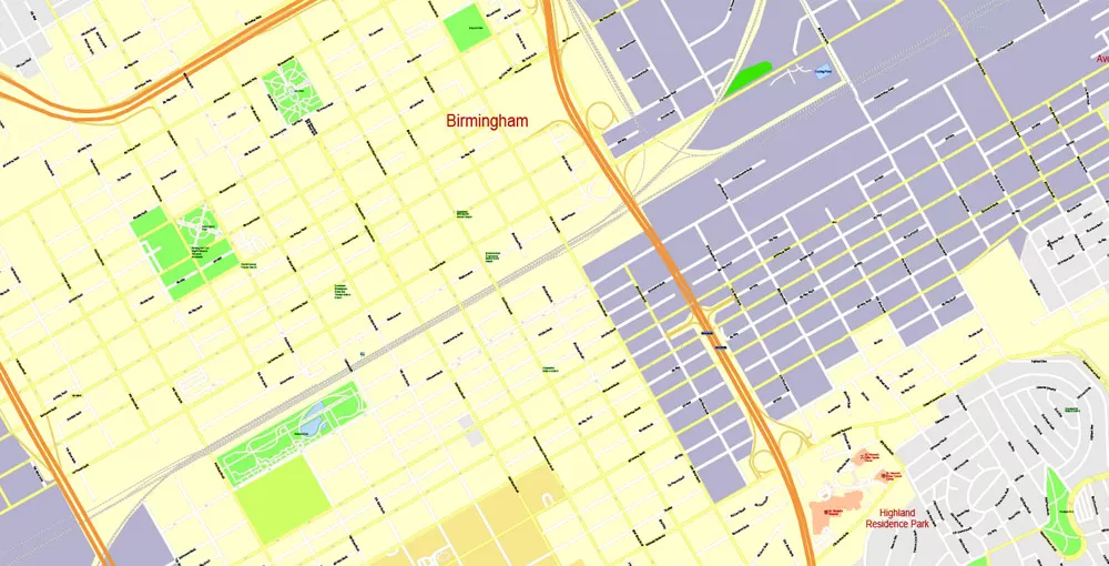 Printable Map Birmingham, Alabama, US, exact vector Map street G-View City Plan Level 17 (100 meters scale), full editable, Adobe Illustrator